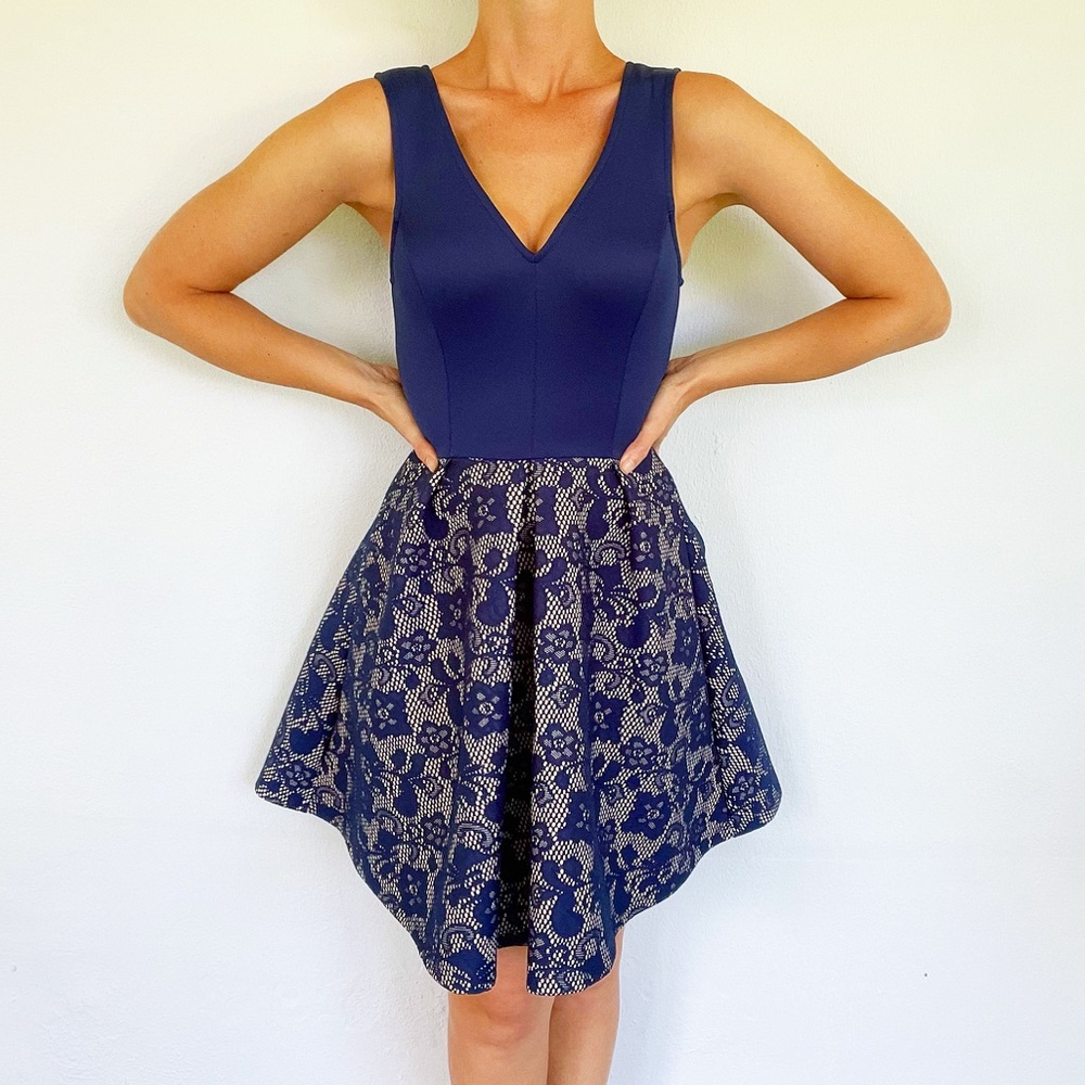 Blue Rain navy blue sleeveless lace fit and flare cocktail dress size small